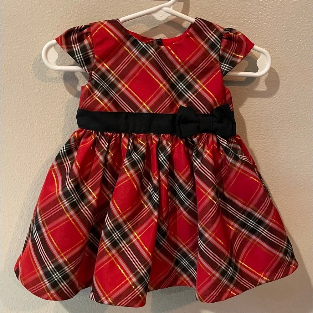Infant Holiday Red Plaid Dress with Black Bow